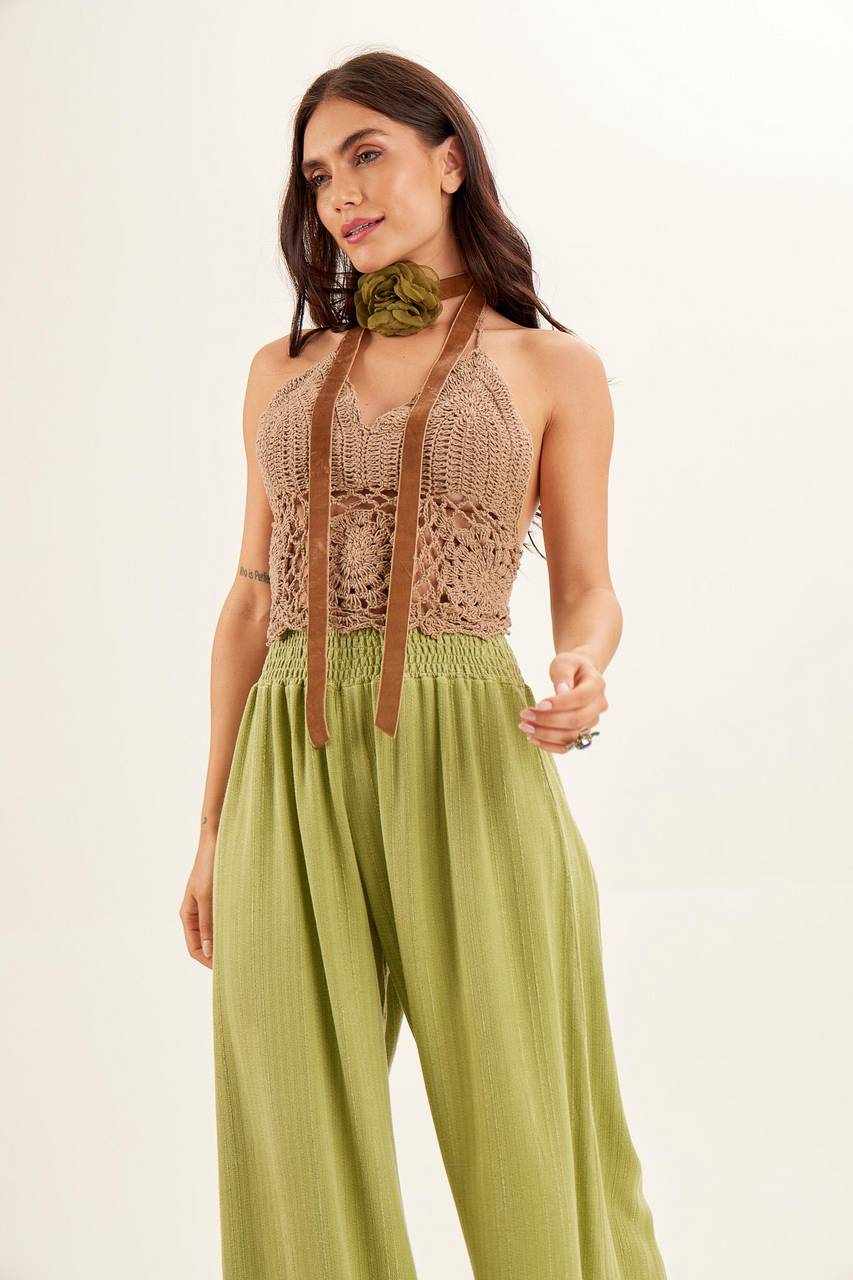 High-Waisted Palazzo Trousers with Back Pockets Apple Green Yacamim
