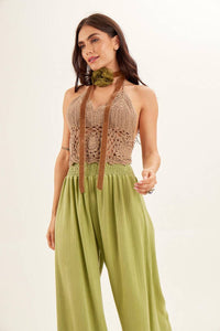 High-Waisted Palazzo Trousers with Back Pockets Apple Green Yacamim