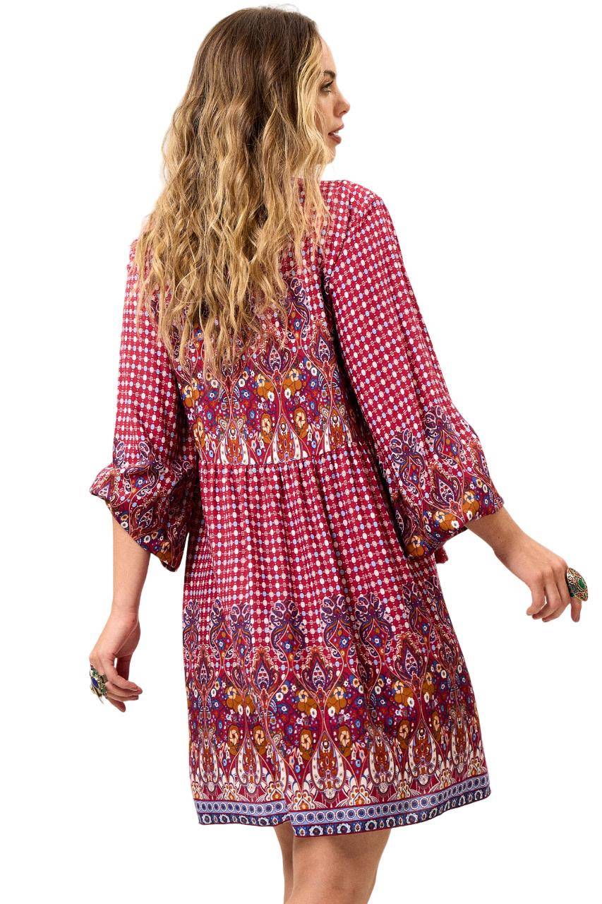 Yacamim Printed Burgundy Short Dress with Puff Long Sleeves