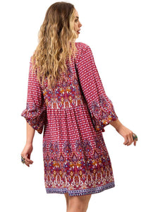 Yacamim Printed Burgundy Short Dress with Puff Long Sleeves