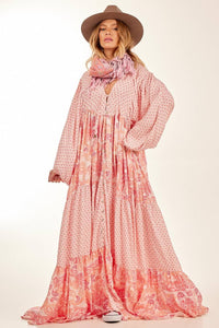 Pink Light Patchwork V-Neck Long Chemise Dress Yacamim