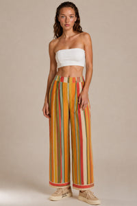 Calça Pantalona Com Bolsos Verde E Laranja Listrada Yacamim I10