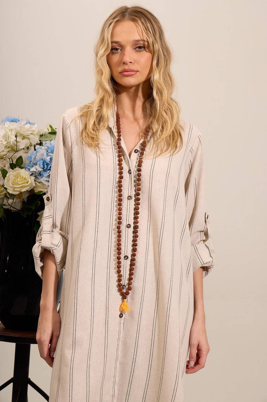 Yacamim Striped Beige Linen Long Chemise with Slits M7