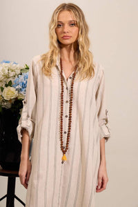 Yacamim Striped Beige Linen Long Chemise with Slits M7