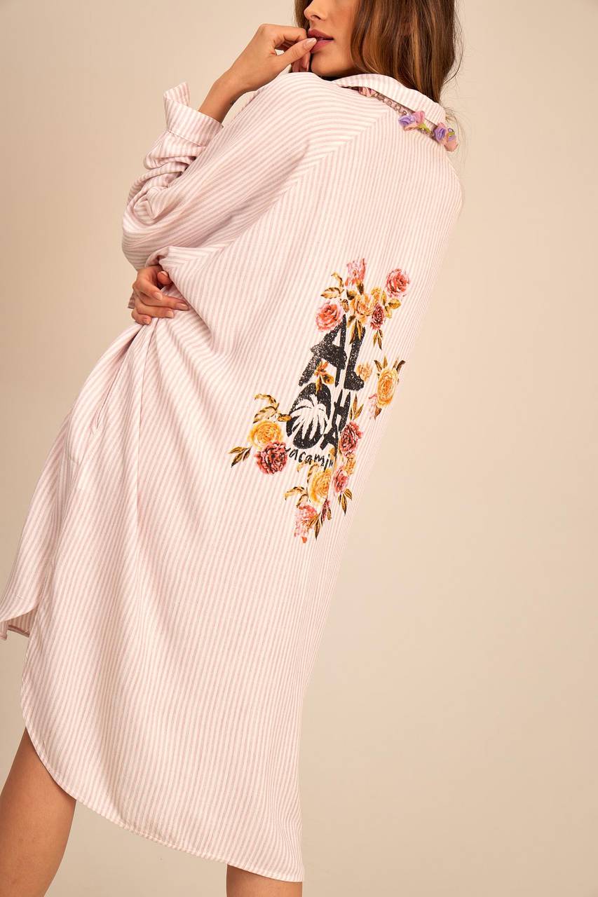 Yacamim Light Pink Striped Loose Shirt with Exclusive Back Print M2