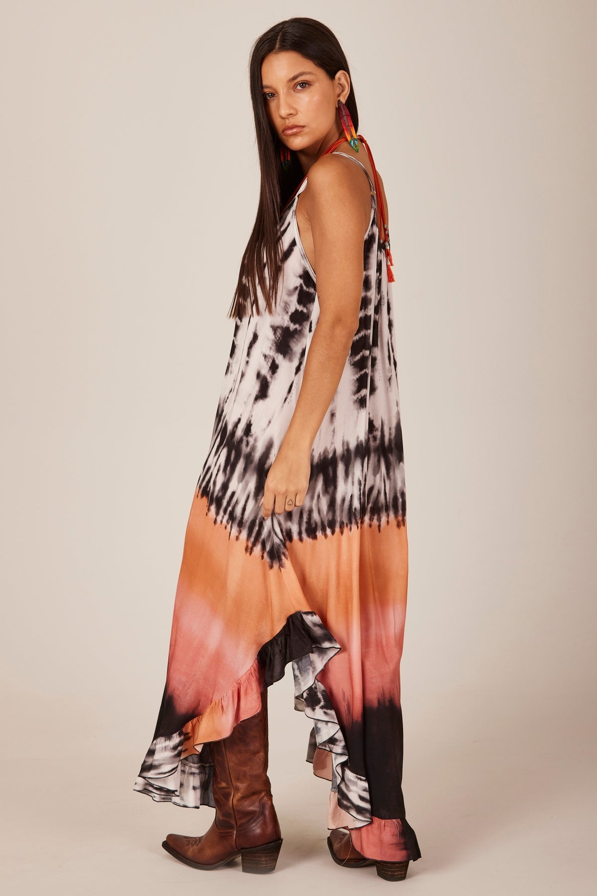 Yacamim E6 Tie-Dye Digital Print Long Dress with Adjustable Straps