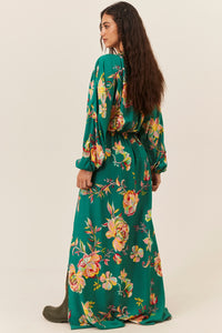 Vestido Longo Com Mangas Bufantes Verde Estampado Yacamim E4