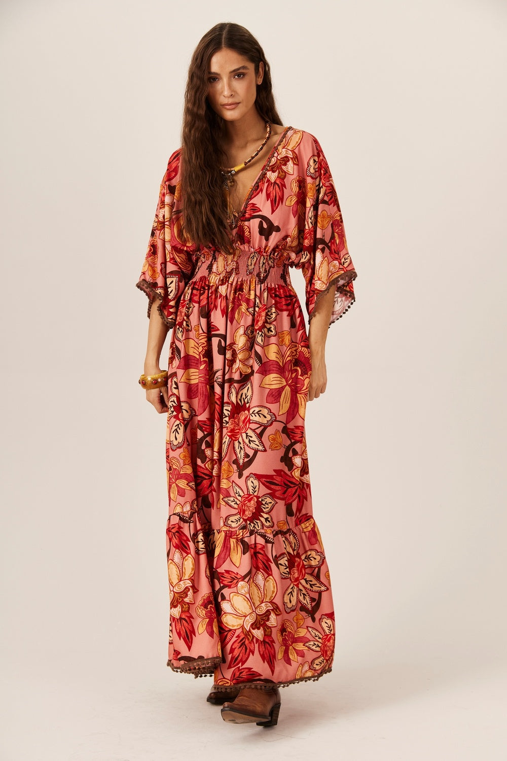 Yacamim D7 Pink Printed Long Dress with Smocked Waist