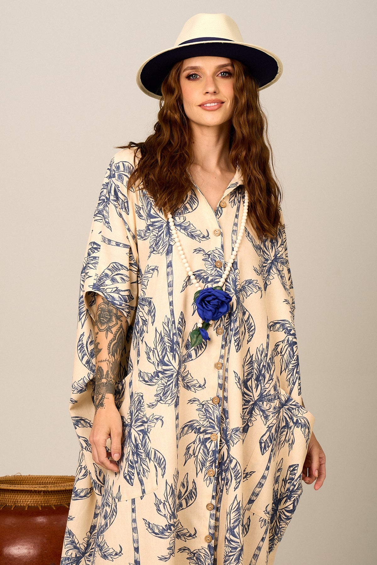Beige Long Shirt Yacamim N10 Palm Tree Print