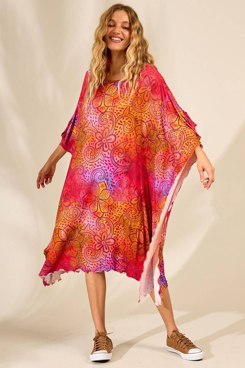 Yacamim J3 Wide Midi Kaftan with Wide Neck in Printed Pink