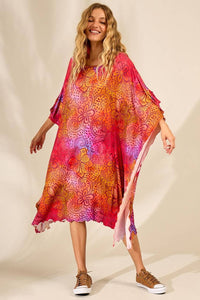Yacamim J3 Wide Midi Kaftan with Wide Neck in Printed Pink