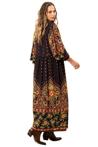Yacamim Printed Black Flowy Long Dress with Puffy Long Sleeves