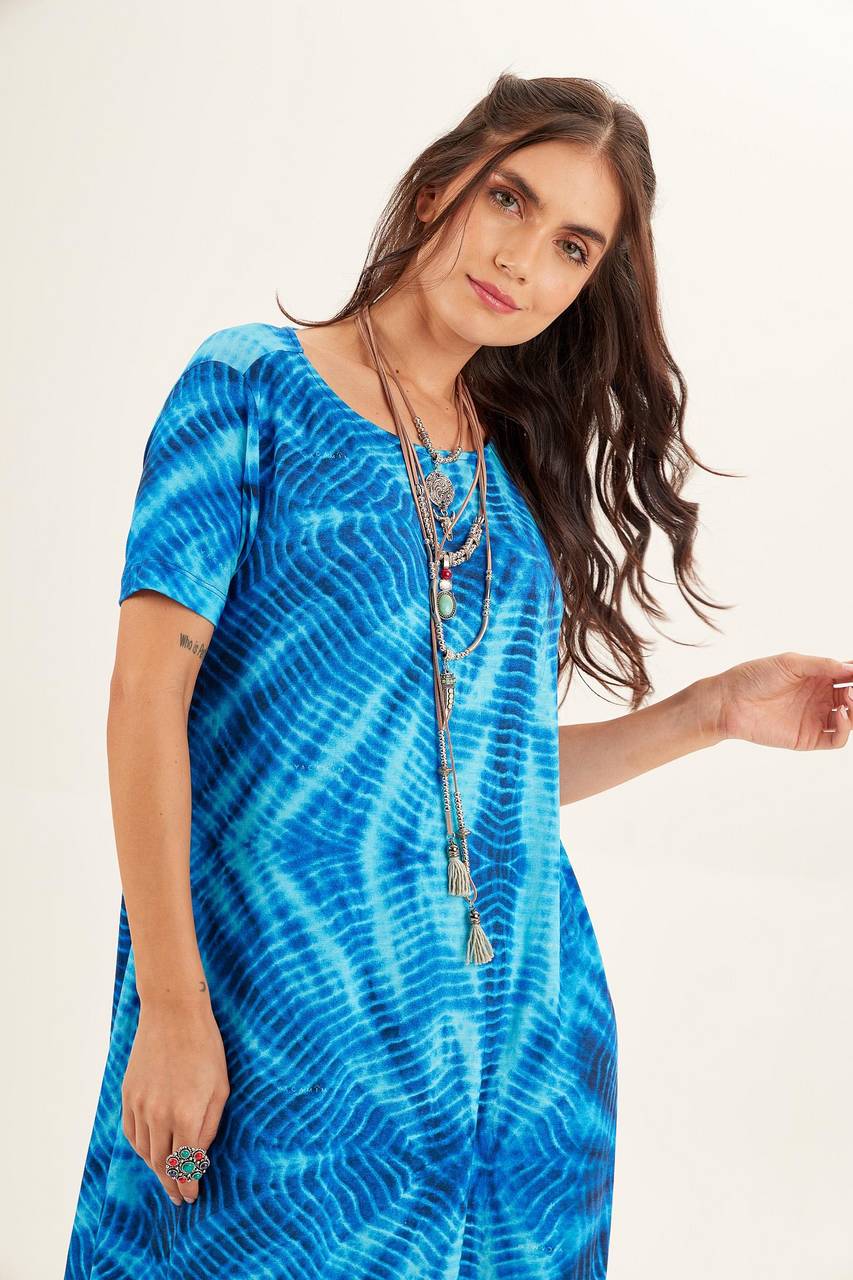 Loose-Fitting Long Dress with Short Sleeves and Blue Tie-Dye Yacamim Digital Print