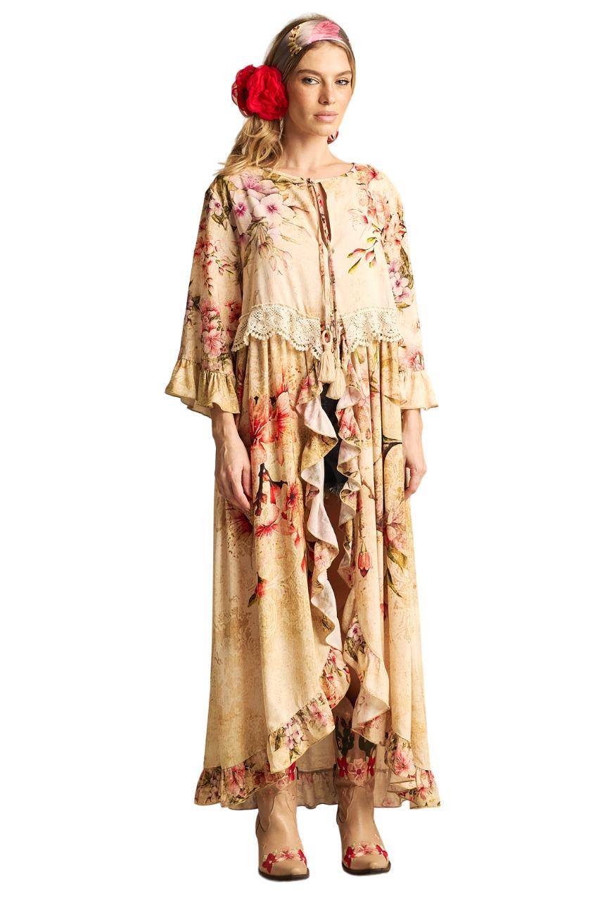 Yacamim D23 Beige Printed Midi Dress With Front Slit