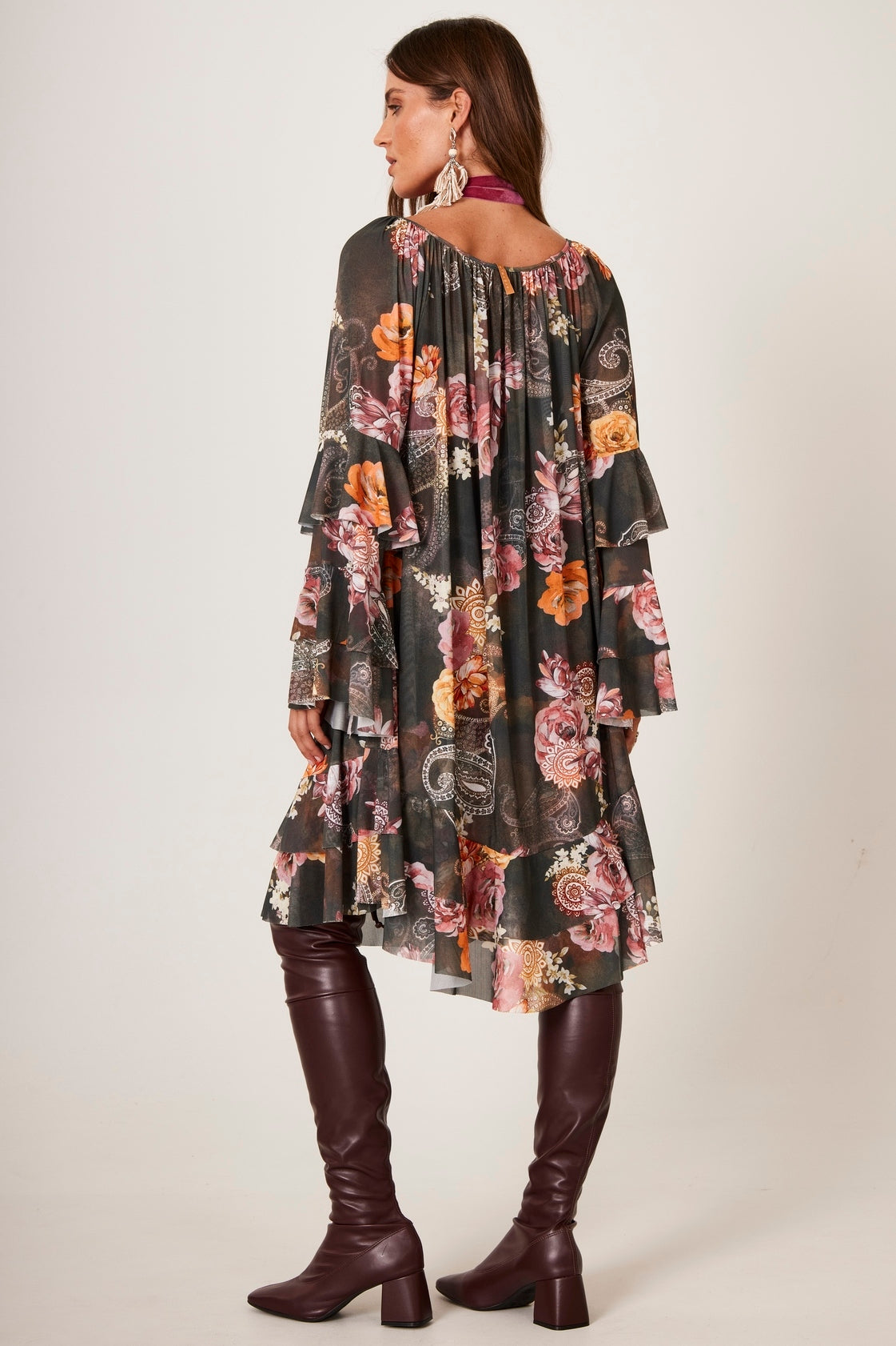 Dark Green Tulle Short Dress with Cashmere Print Yacamim E22