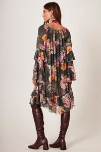 Dark Green Tulle Short Dress with Cashmere Print Yacamim E22