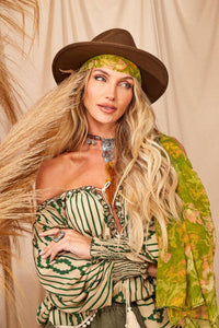 Yacamim Green Printed Peasant Blouse With Puffy Long Sleeves