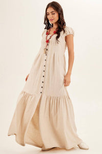 Yacamim Beige Linen Long Dress with Lace Inserts
