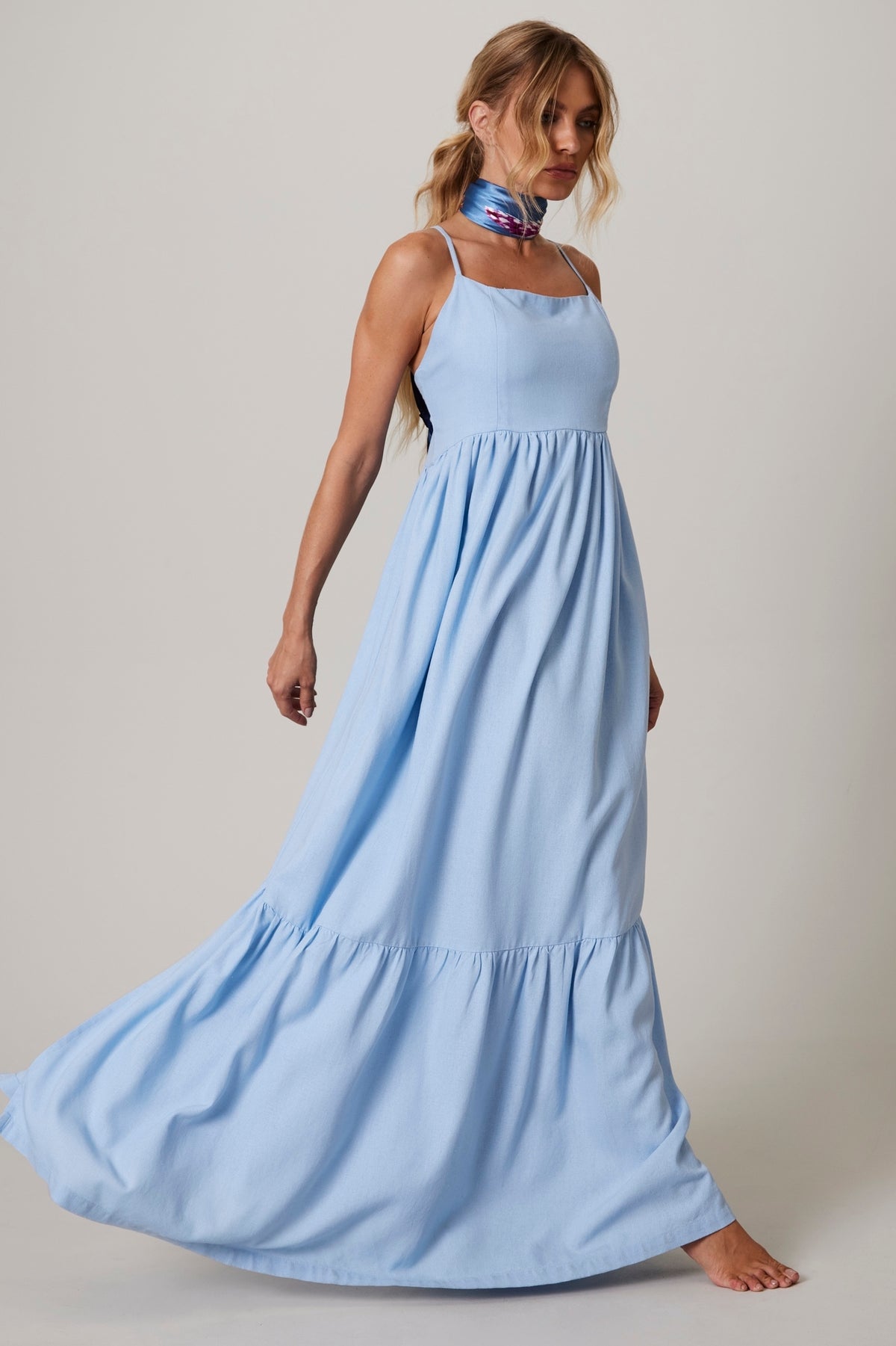 Yacamim Light Blue Linen Plain Long Dress