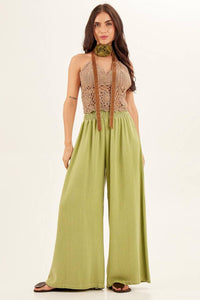 High-Waisted Palazzo Trousers with Back Pockets Apple Green Yacamim