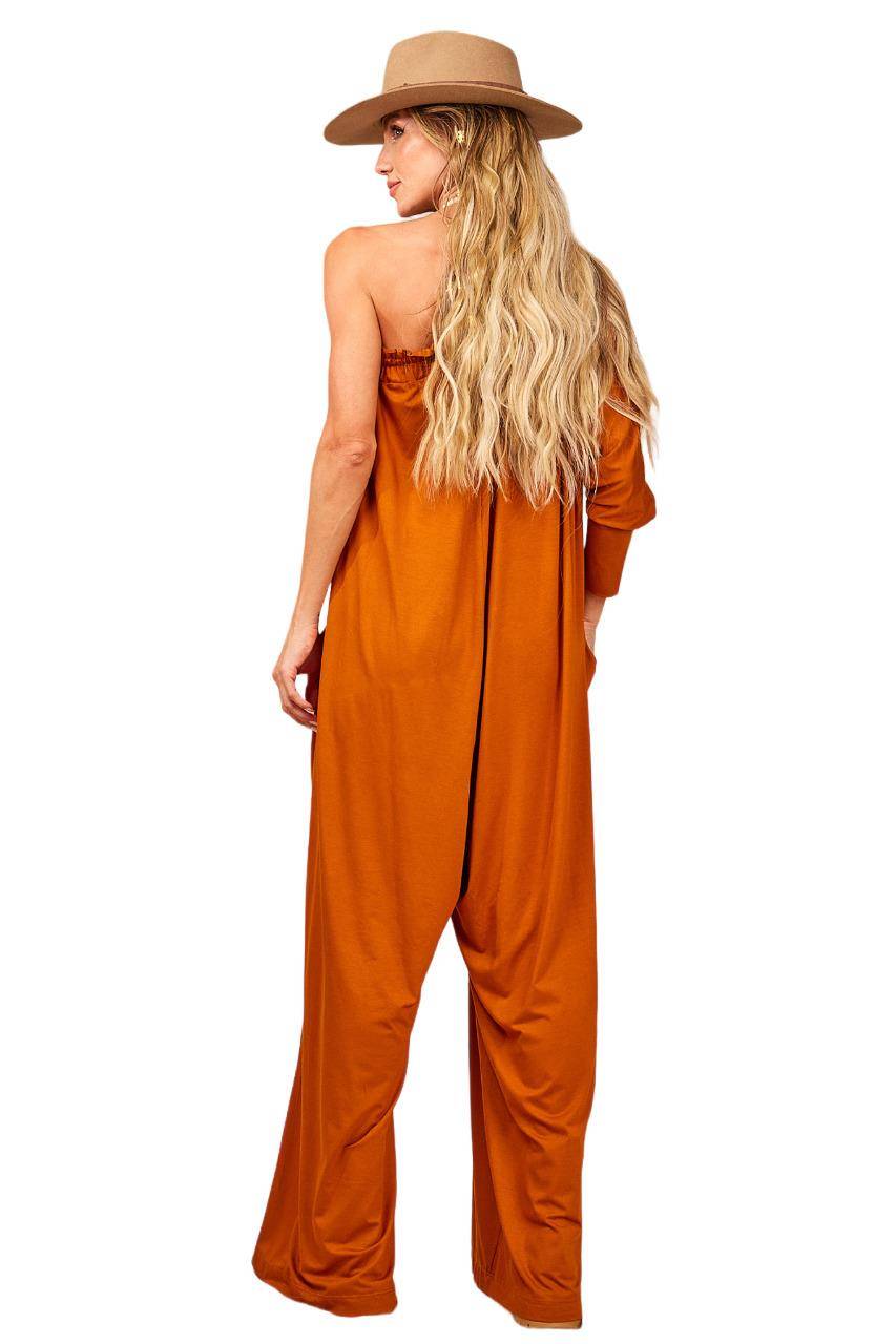 Yacamim Orange One-Shoulder Jumpsuit with Pockets