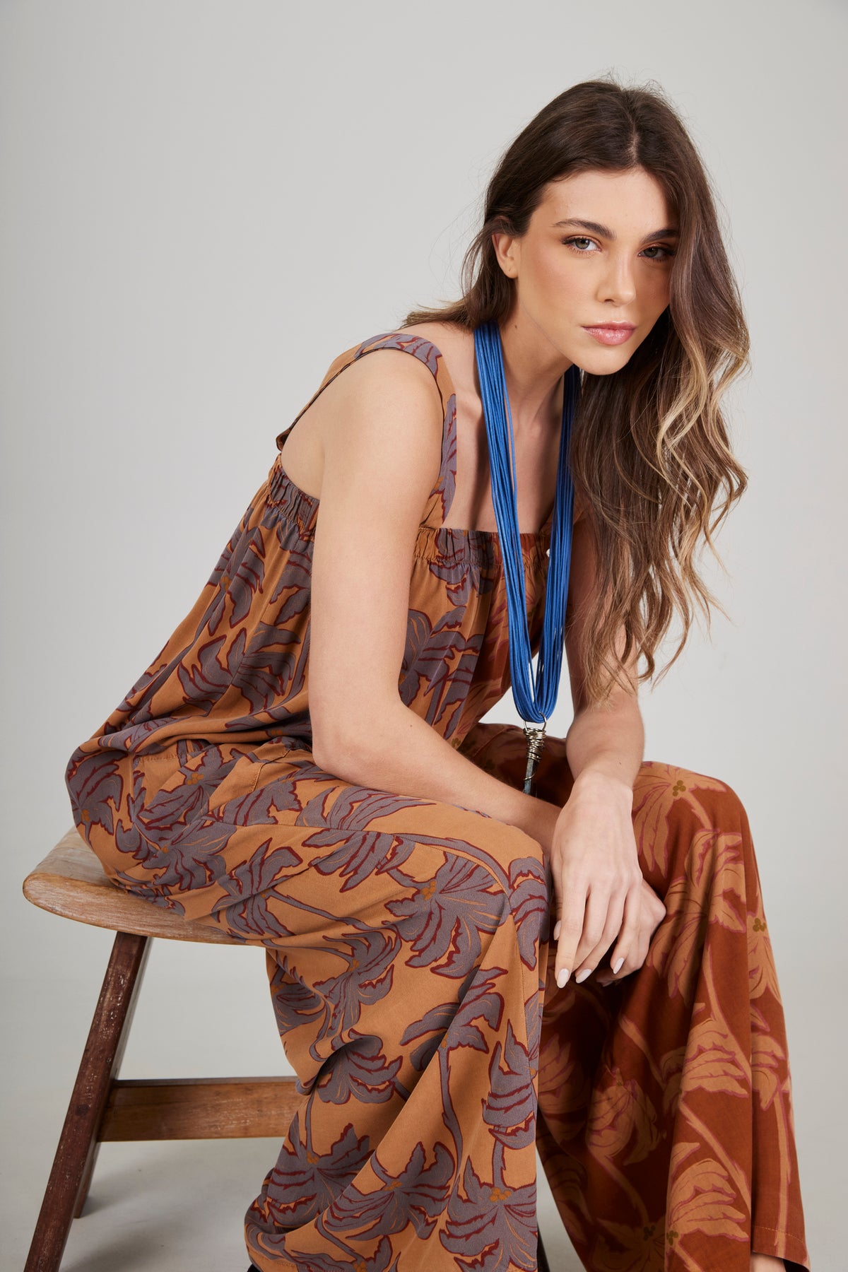 Yacamim O8 Brown Palazzo Jumpsuit with Patchwork Palm Tree Print