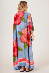 Yacamim D24 Blue Off-the-Shoulder Long Dress with Macaw Print