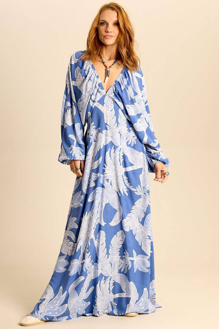 Yacamim E12 Blue Feather Print V-Neck Long Dress