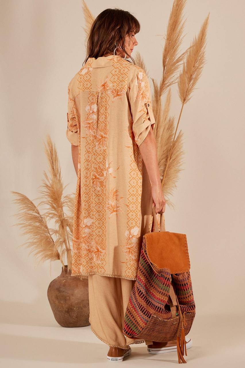 Yacamim Beige Printed Long Back Loose Shirt A5
