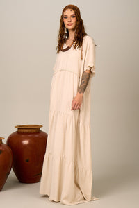 Yacamim D6 Beige Nature Long Viscose Linen Dress