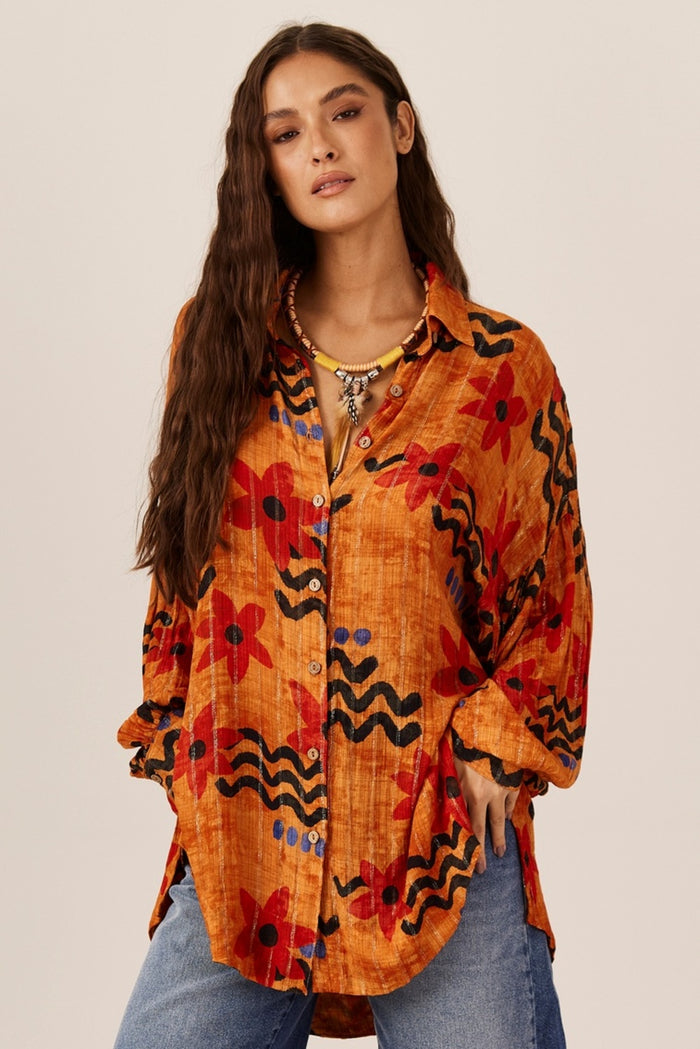 Short Lurex Shirt Orange Printed Yacamim N8