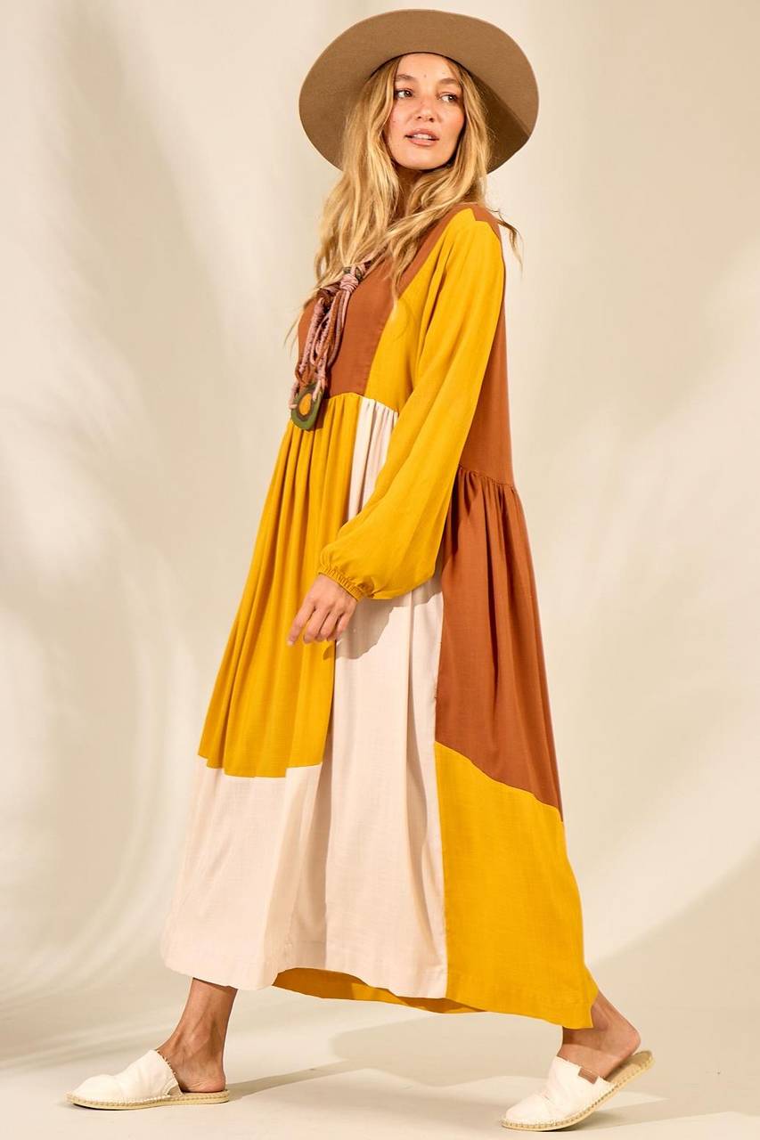 Yacamim Yellow Midi Dress with Puffed Long Sleeves <br />