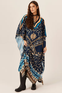 Wide Kaftan with Paisley Blue Yacamim J8 Neckline