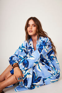 Yacamim P9 Blue Tropical Print Loose Midi Shirtdress