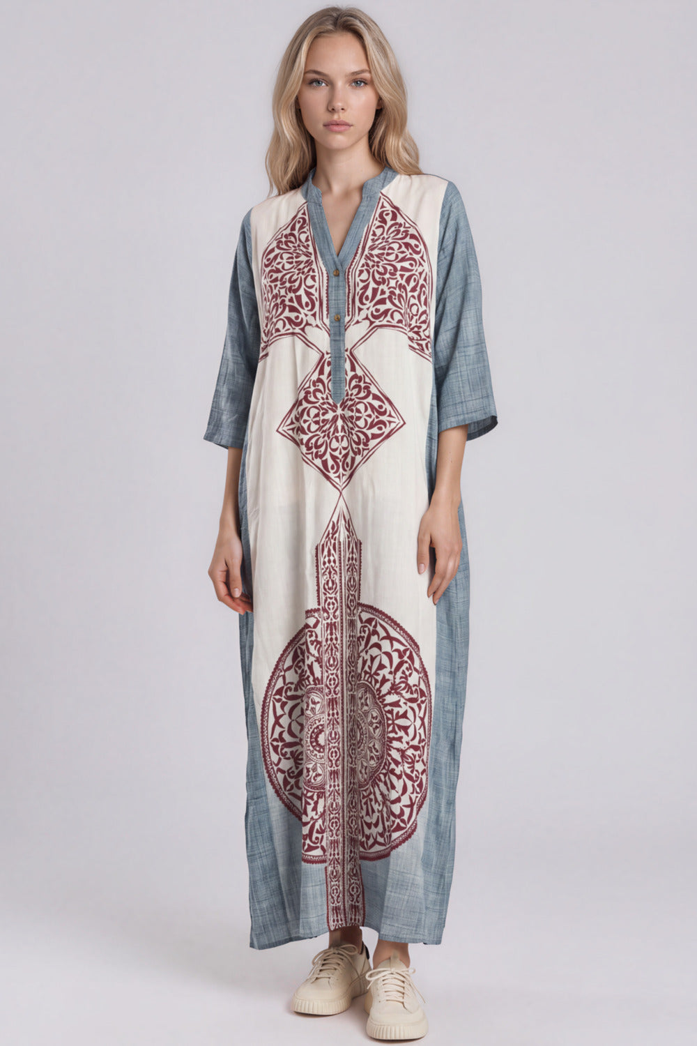 Vestido Longo Gola Padre Bege E Cinza Estampado Yacamim C30