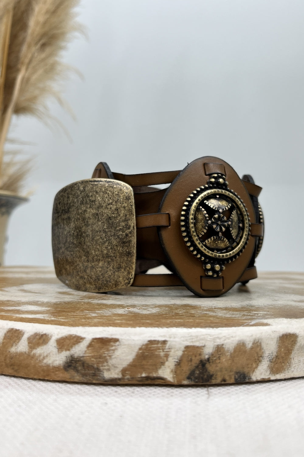 Yacamim Brown Leather Belt with Buckle and Antique Gold Details #220