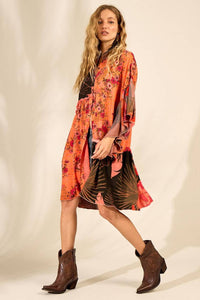 Yacamim Orange Patchwork Asymmetrical Ruffled Short Shirtdress