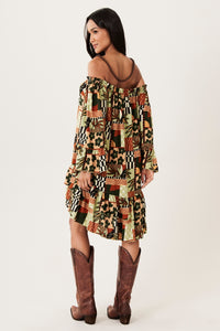 Yacamim D20 Green Printed Off-the-Shoulder Dress with 3/8 Sleeves