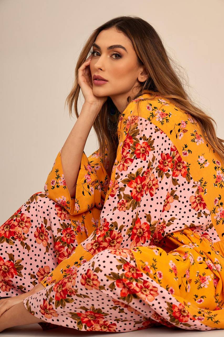 Yacamim Yellow Long Sleeve Patchwork Long Dress