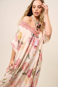 Yacamim E15 Light Rosé Printed Long Dress with Lace Detail