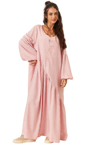 Vestido Longo Amplo Com Recorte Transversal Rosa Listrado Yacamim E19