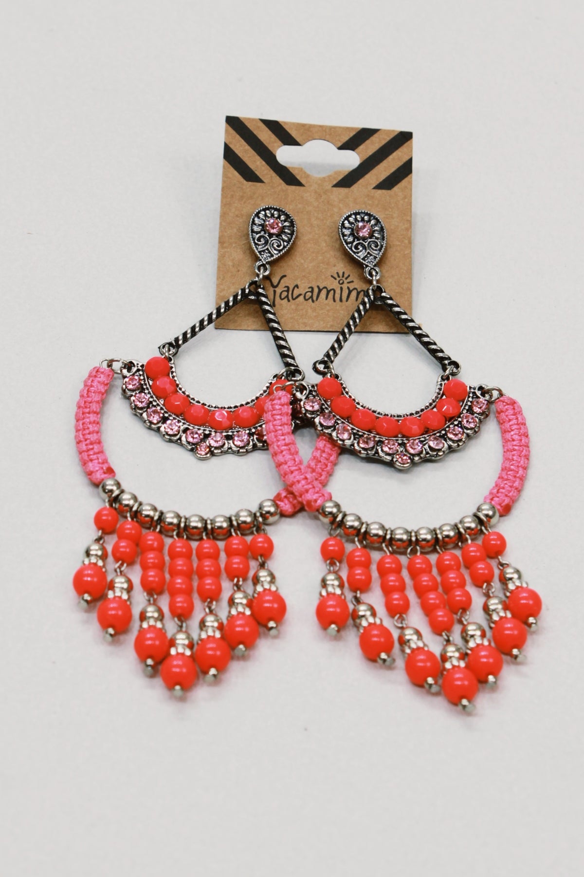 Yacamim Pink Beaded and Macrame Earring #618