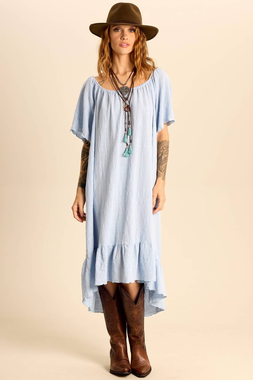 Light Blue Off-the-Shoulder Midi Dress Yacamim E11