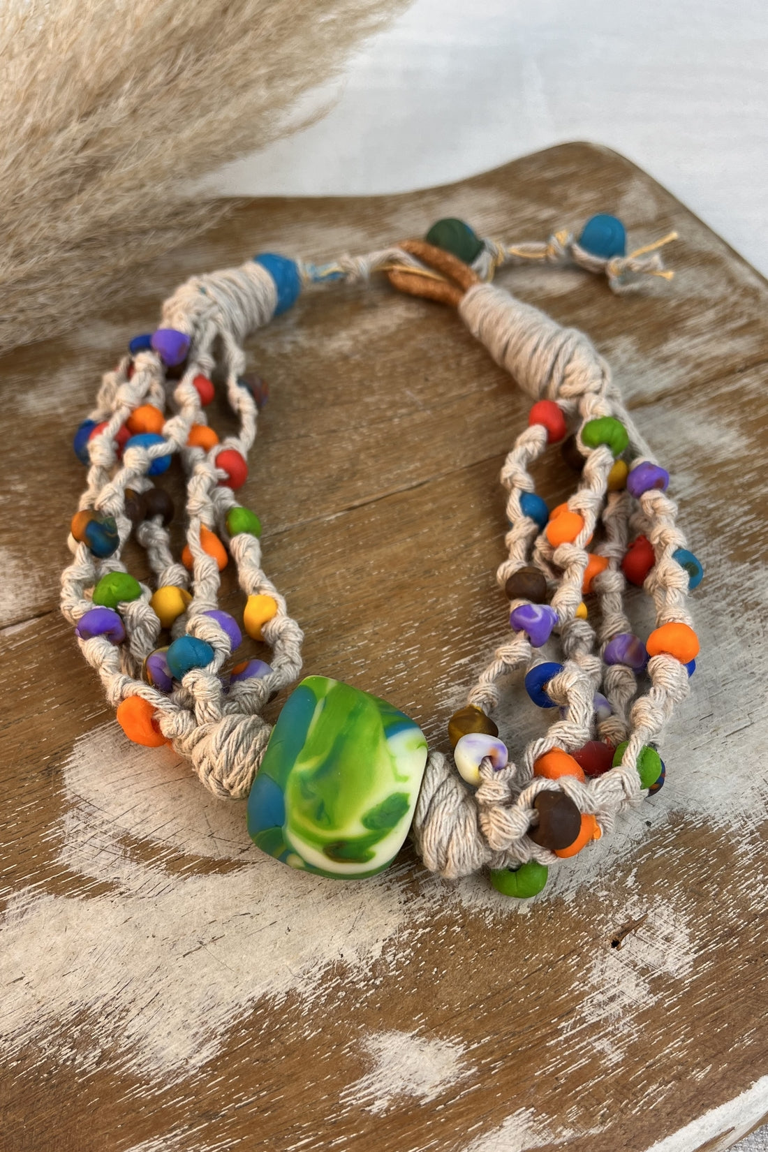 Handmade Beige Rope Necklace with Yacamim Clay #301