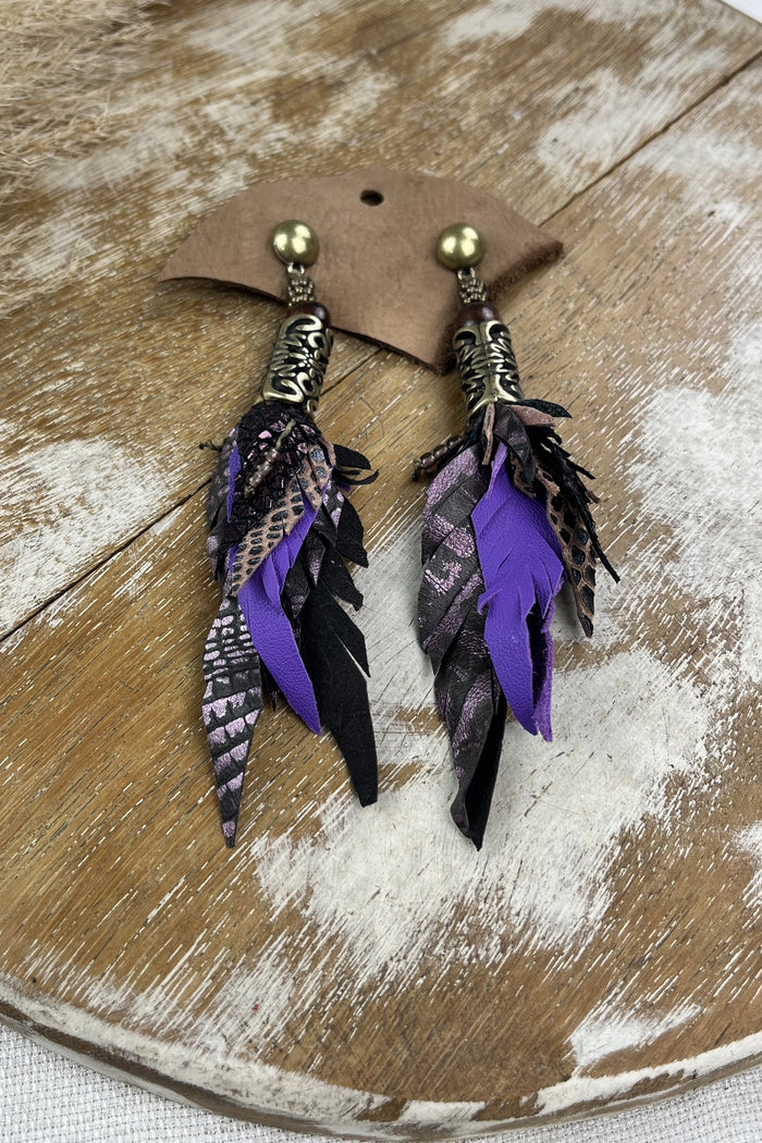 Purple Handcrafted Leather Earring with Tooled Metal Yacamim #152
