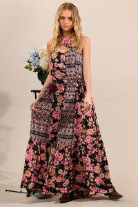 Yacamim Patchwork Print Black Long Dress with Side Slits