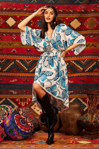 Yacamim White Butterfly Print Mullet Dress with Shirred Waist