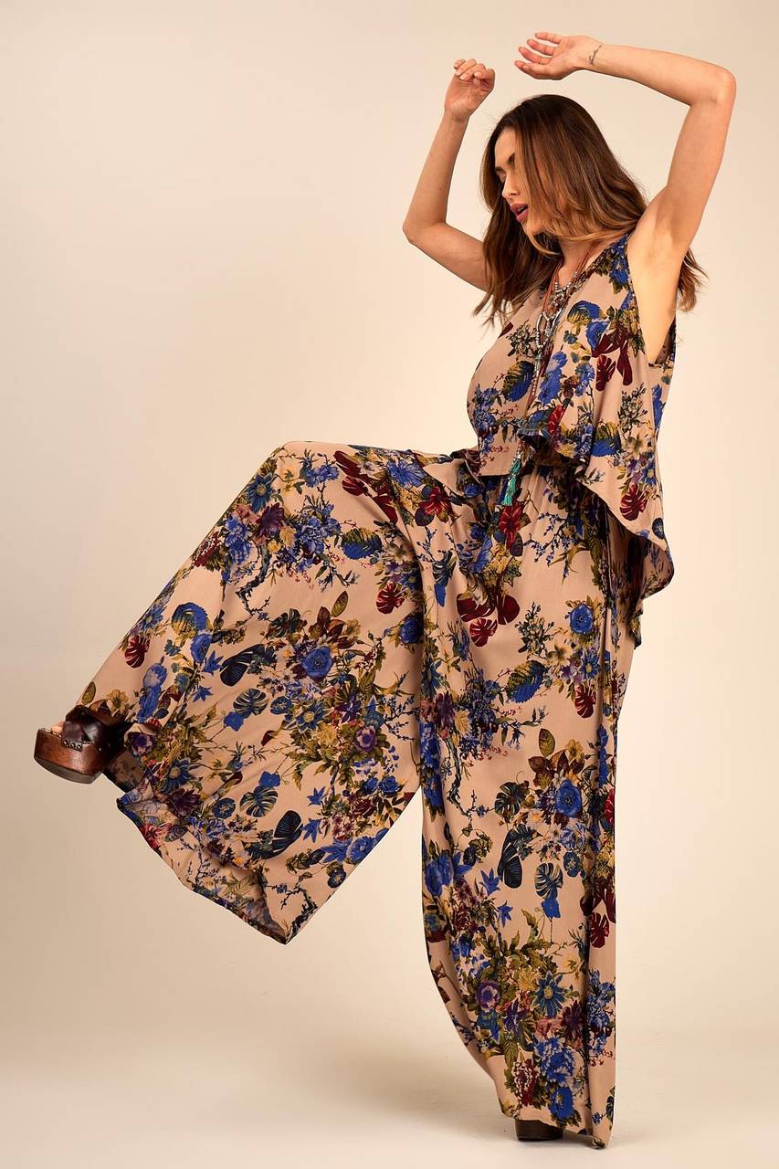 Yacamim Light Brown Printed Flared Wide-Leg Pants