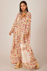 Long Dress with Puffy Sleeves Beige Printed Yacamim C14