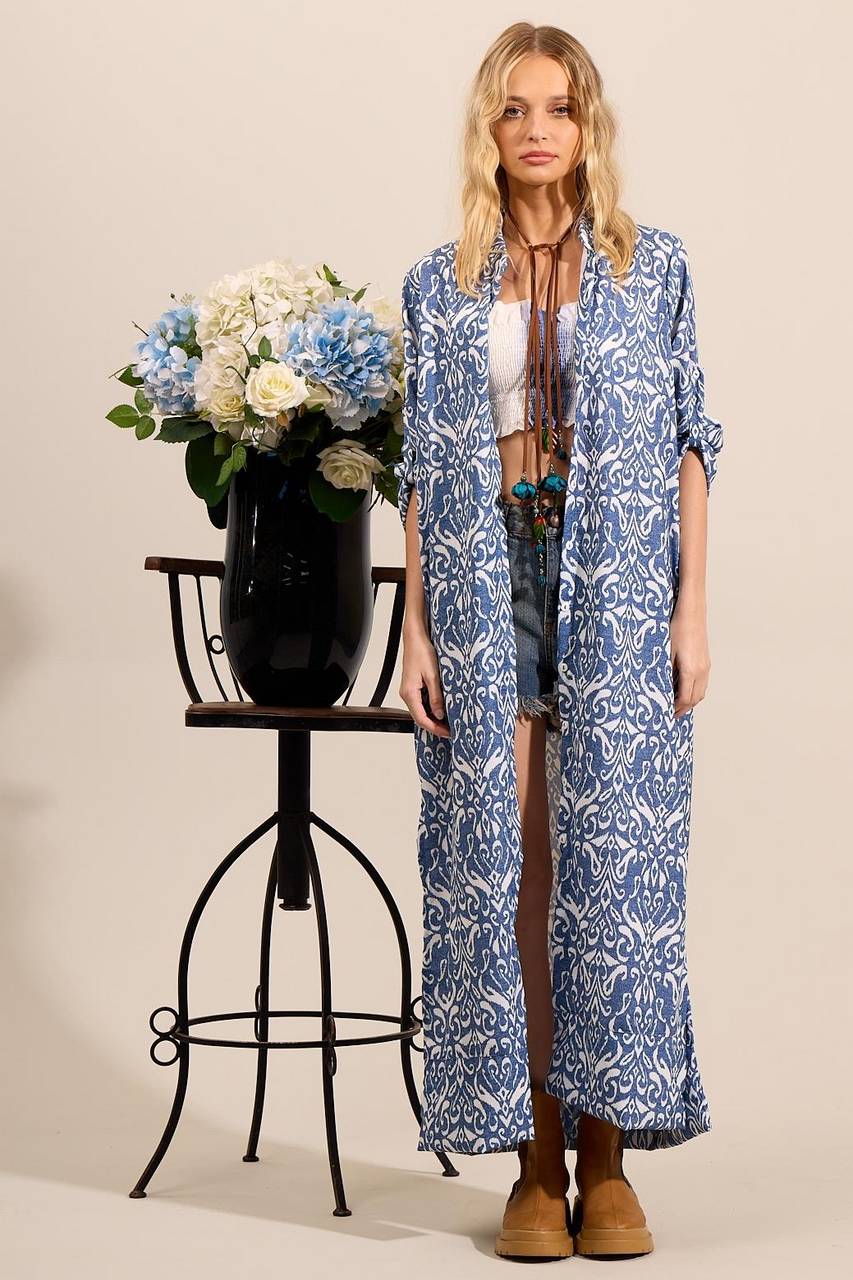 Yacamim N4 Blue Printed Long Shirt Dress with Slits